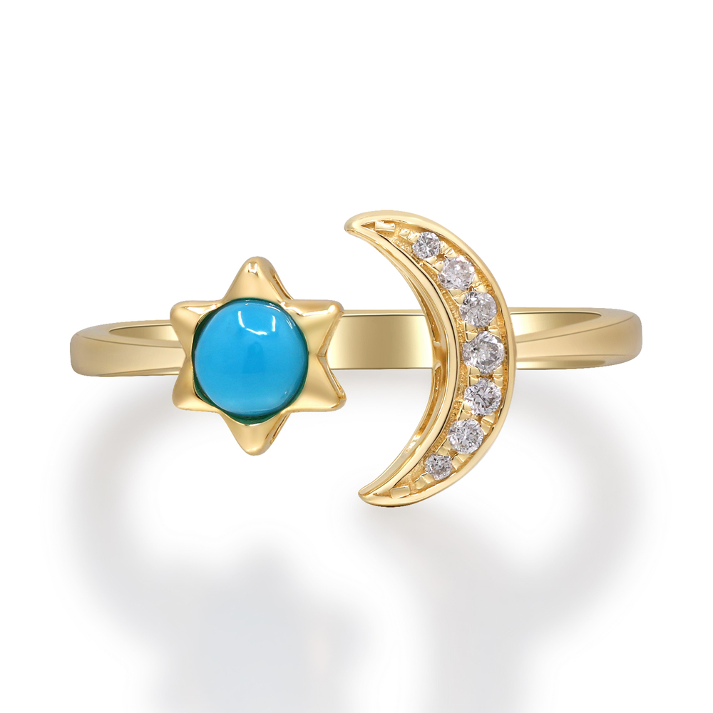Yellow Gold Turquoise and Diamond Crescent Moon Ring